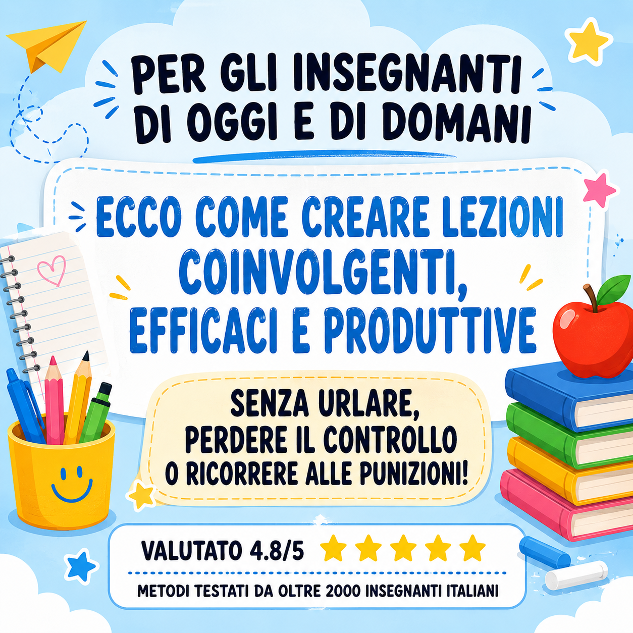 Mockup do produto — mãos segurando o livro Bigliettini per insegnanti
